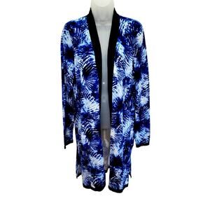 Lands End Women's Blue Tie Dye Open Front Long Sleeve Cardigan Sweater M/Tall